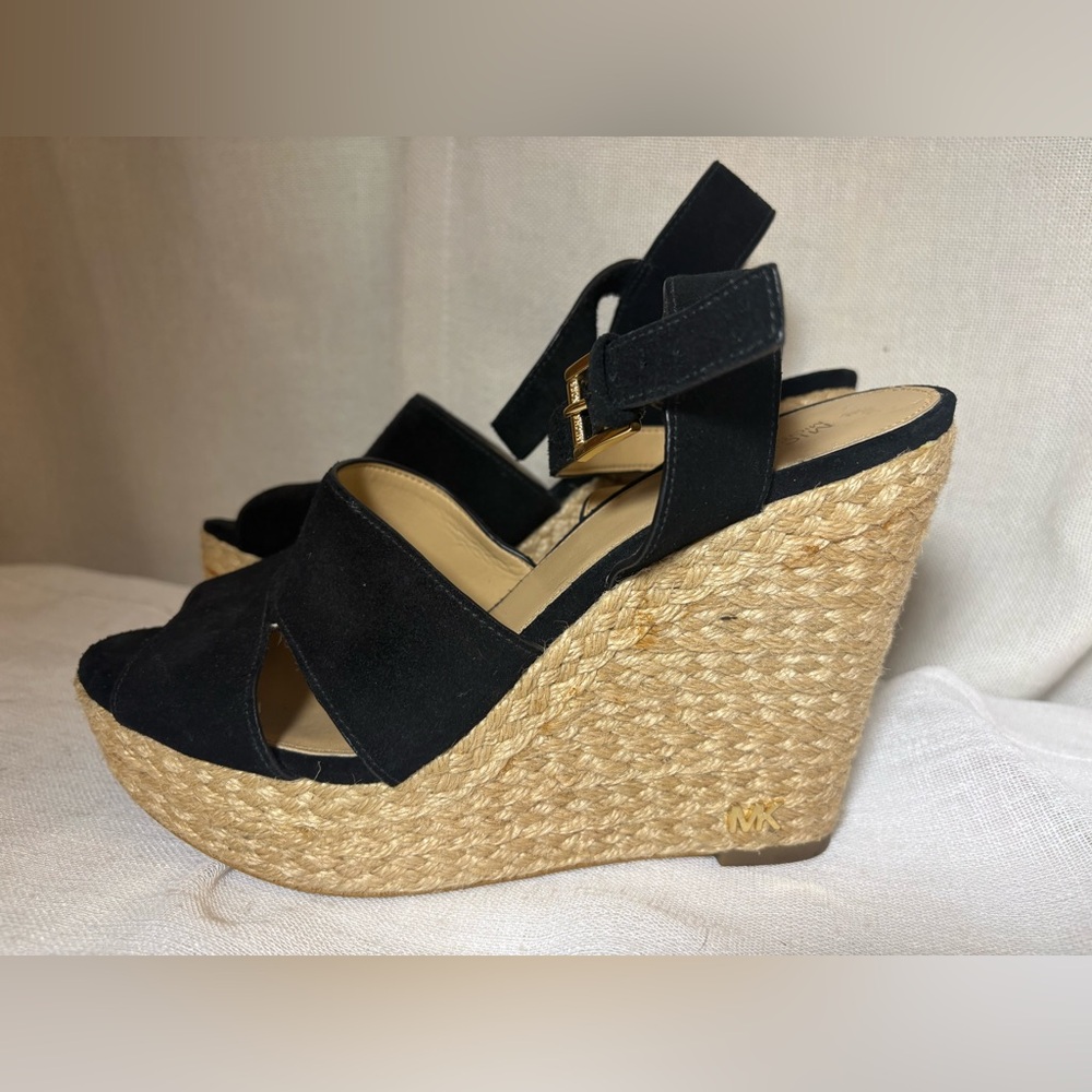 Michael Kors Black Suede Espadrille Wedge Sandals 9M Resort Luxury Resort-wear - Picture 2 of 15
